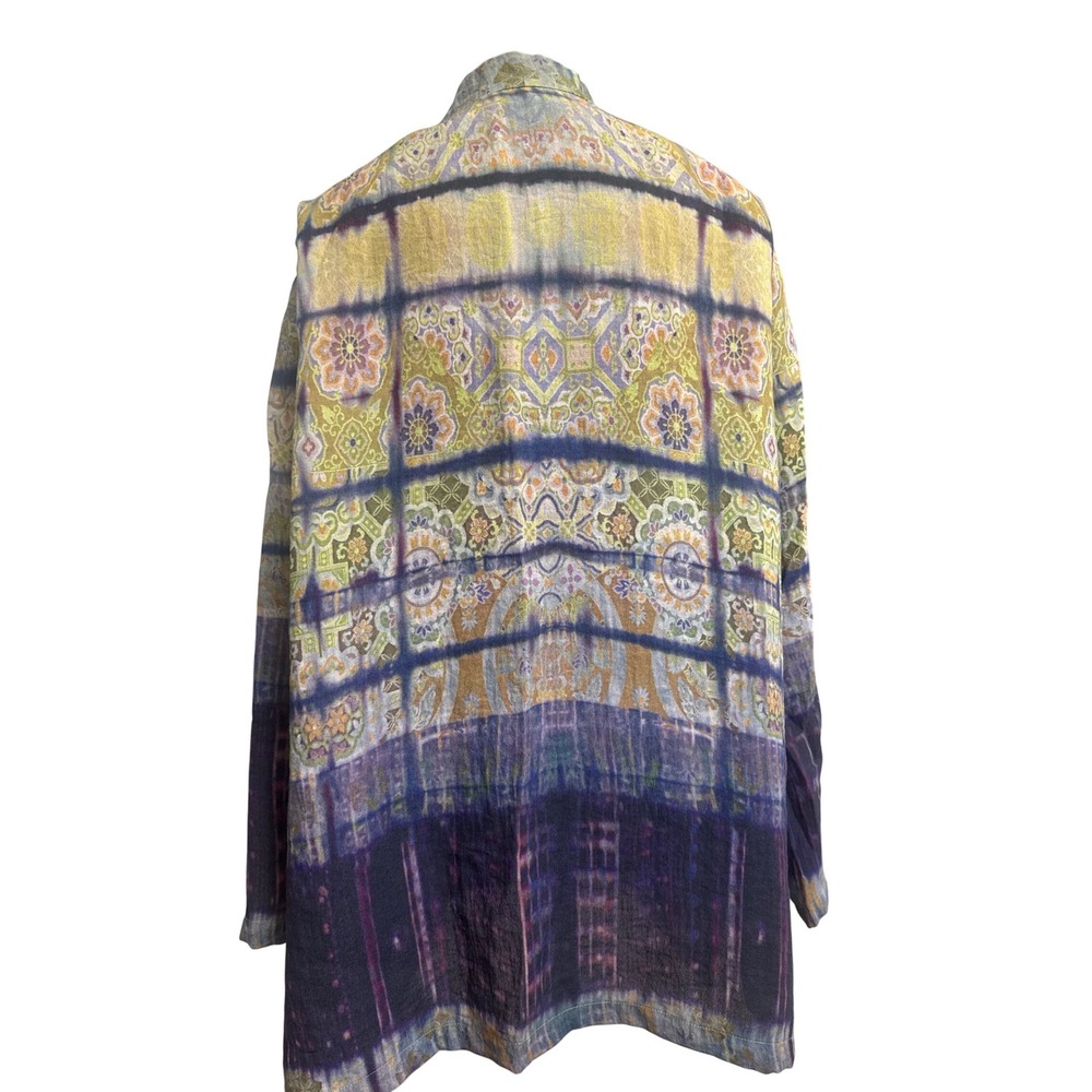 Dressori Womens 0X Purple Yellow Tie Dye Floral Medallion Button Front Tunic Top - Picture 2 of 5